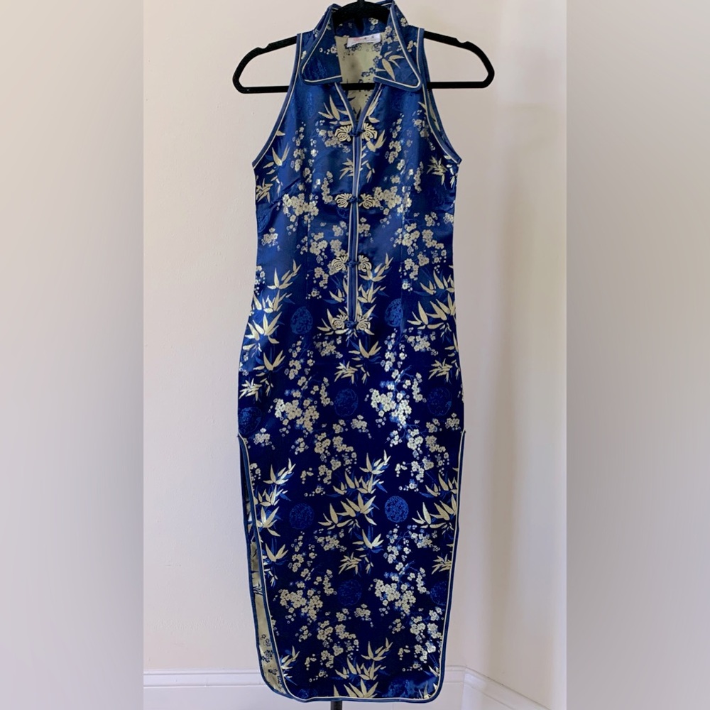 Vintage Qipao Cheongsam Blue & Gold Floral Dress Size M - Picture 1 of 6